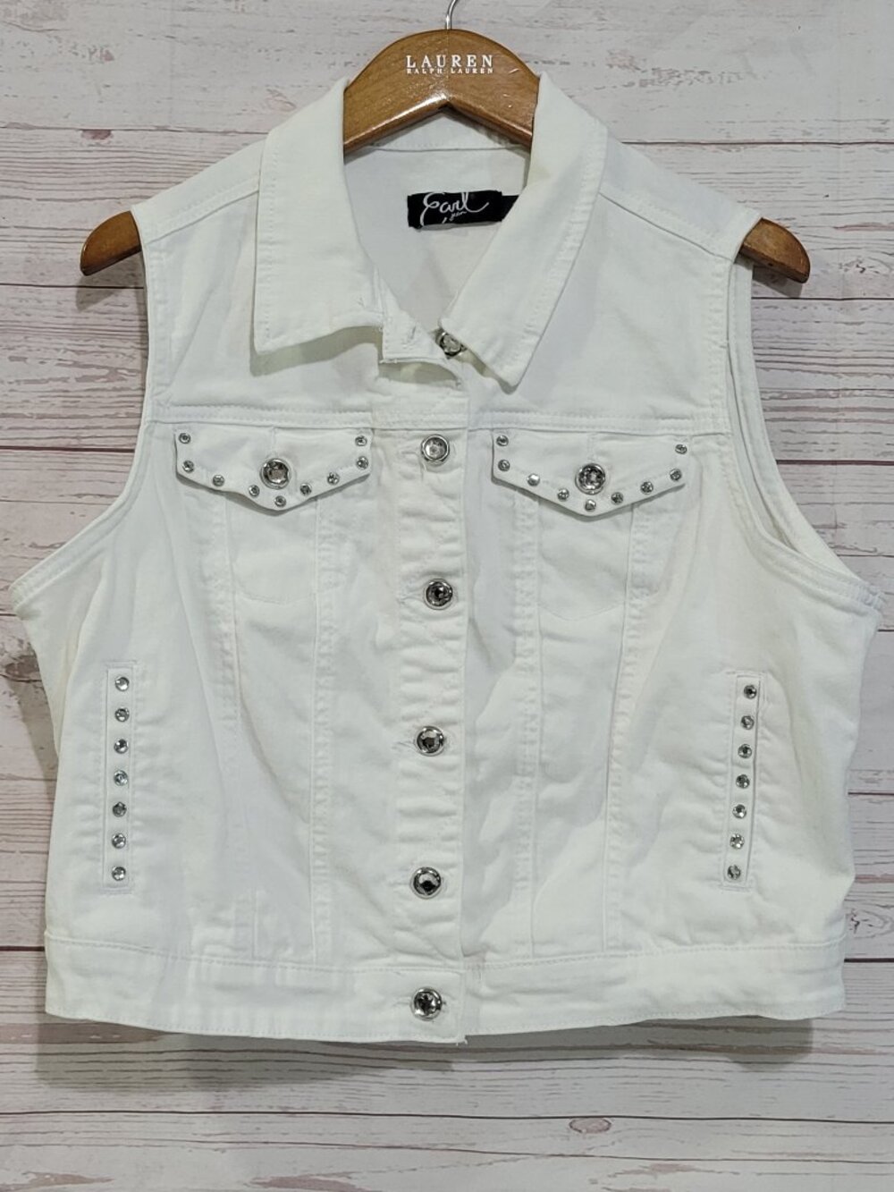 Earl Jean White Denim Vest Womens Large Rhinestones Vintage Y2K Western Cropped